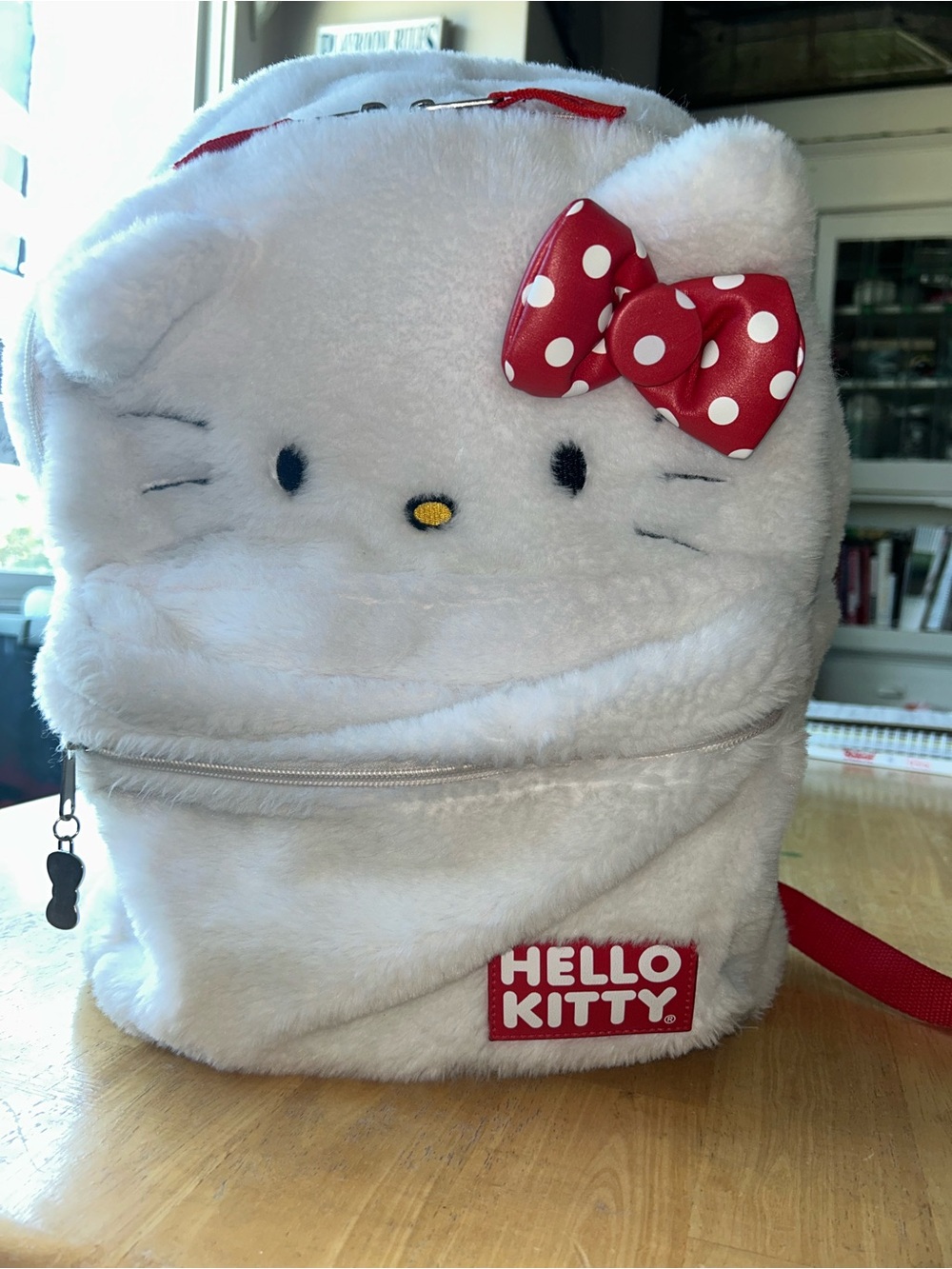 Hello Kitty backpack white fuzzy red and white polkadot bag with bow Sanrio